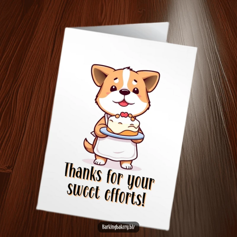 Funny Free Printable Thank You Card: A determined dog proudly presents a slightly lopsided cake, offering thanks.