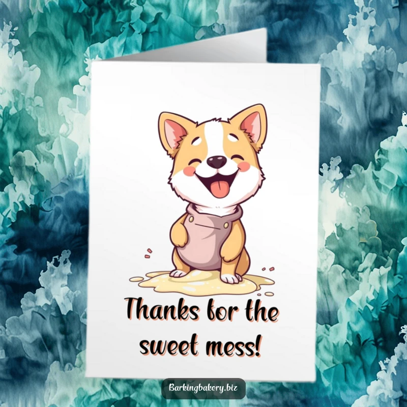 Funny Free Printable Thank You Card: A happy dog wearing an apron giggles as batter spills everywhere.