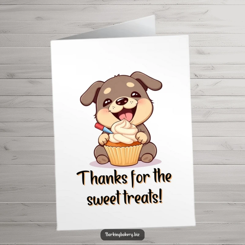 Funny Free Printable Thank You Card: Dog eagerly frosting a cupcake with a gleeful expression, baked with gratitude.