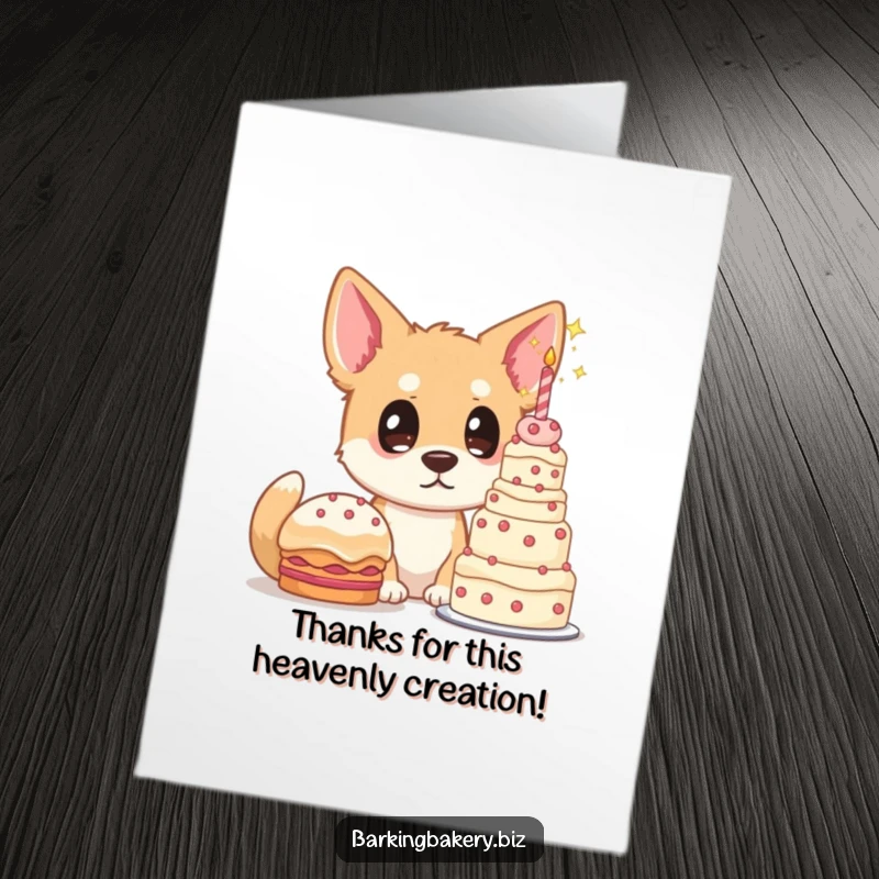 Funny Free Printable Thank You Card: A dog with wide, starry eyes adores a magnificent towering cake.