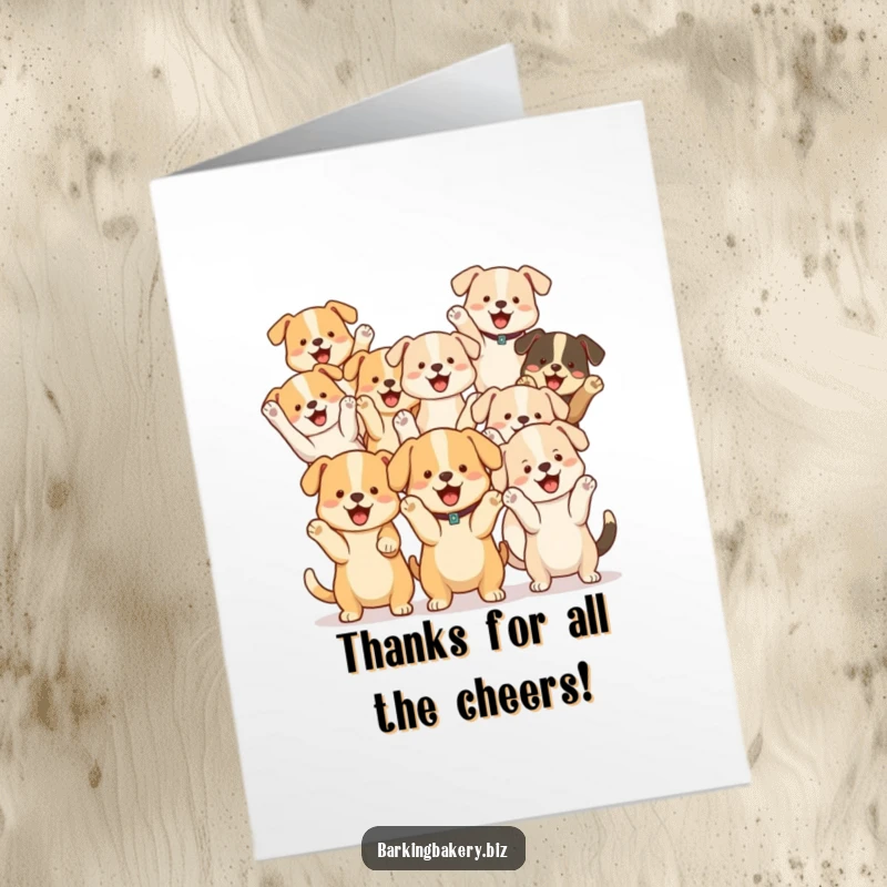 Funny Free Printable Thank You Card: A group of cute dogs are cheering with paws raised, expressing thanks.