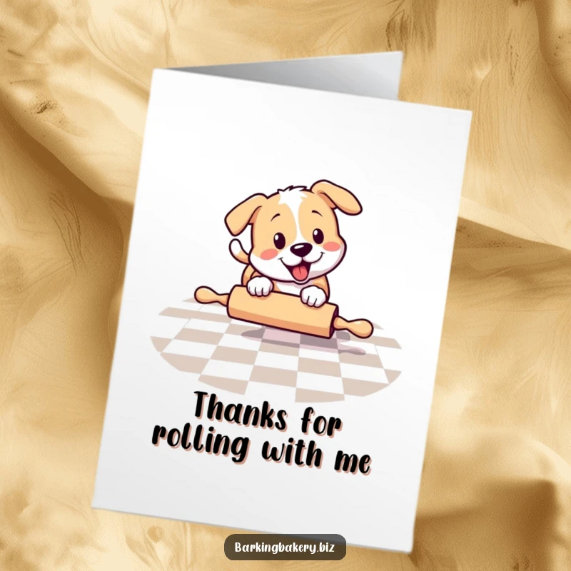 Funny Free Printable Thank You Card: Dog playfully chasing a rolling pin across a checkered floor, a whimsical DIY gift.