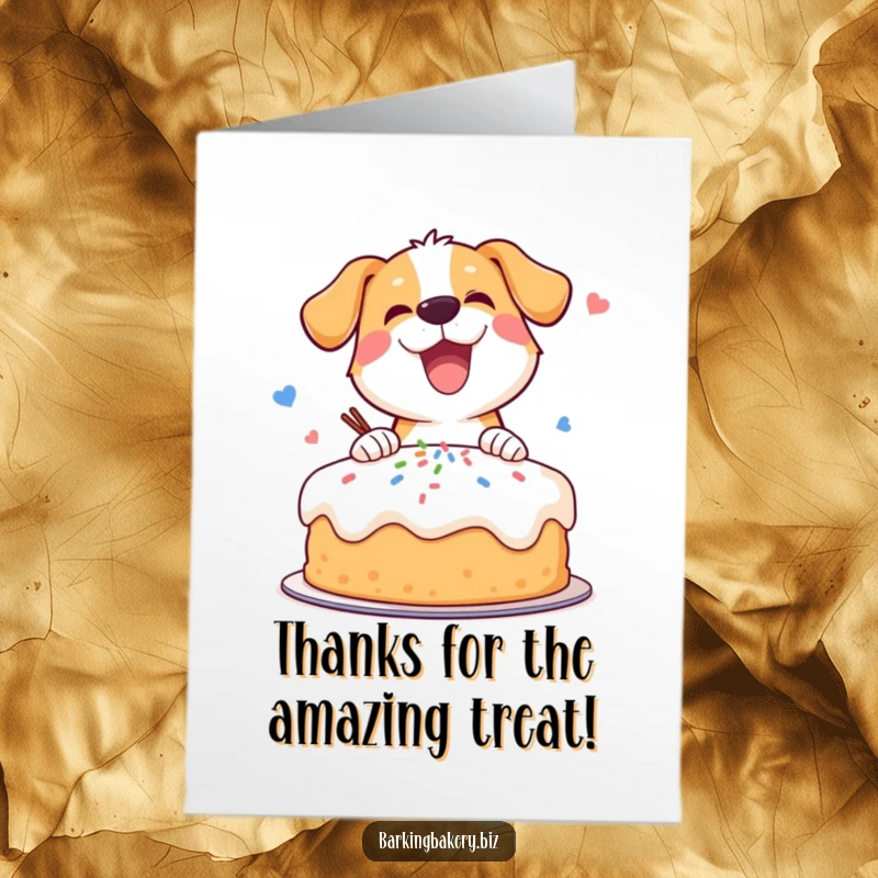 Funny Free Printable Thank You Card: a happy dog decorating a cake with sprinkles, a cute downloadable gift.