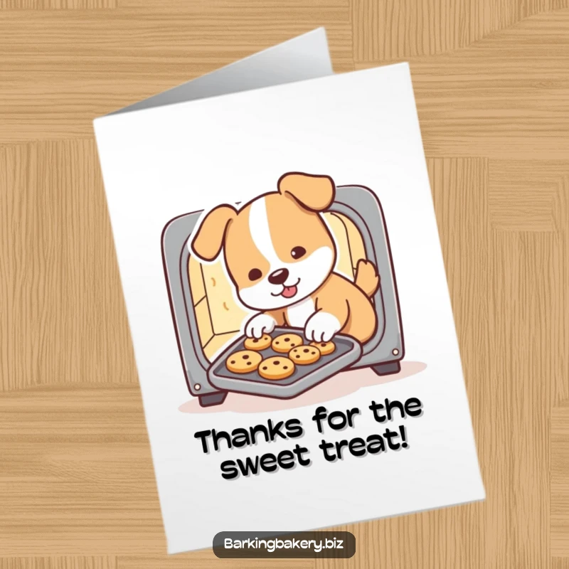 Funny Free Printable Thank You Card: Dog baker enthusiastically presents a fresh tray of cookies.