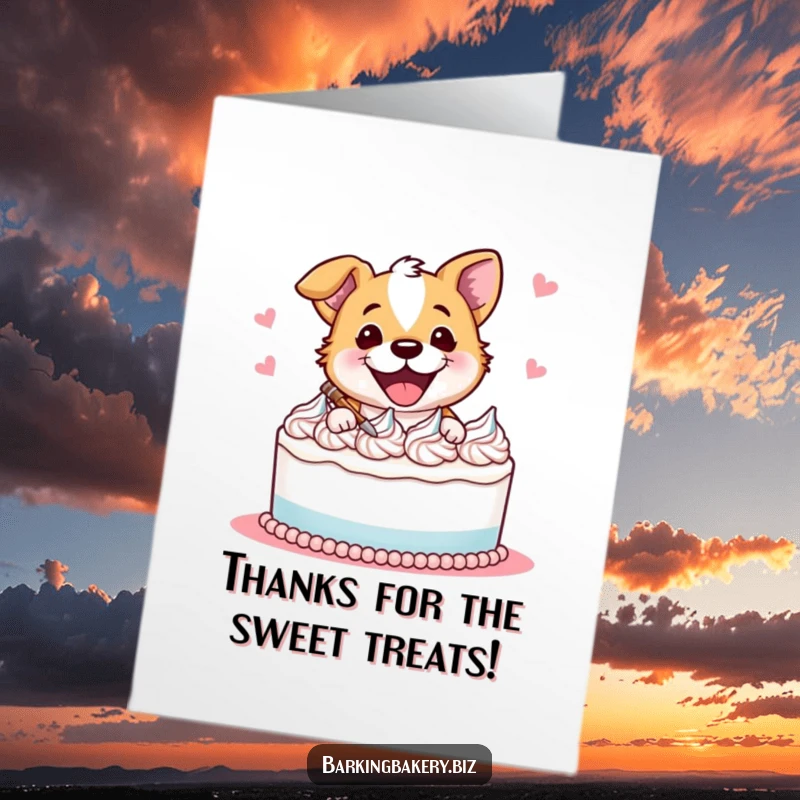 Funny Free Printable Thank You Card: A happy dog creating colorful frosting swirls on a cake, conveying thanks.
