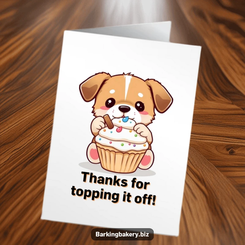 Funny Free Printable Thank You Card depicting a dog carefully placing sprinkles and other decorations on a frosted cupcake.