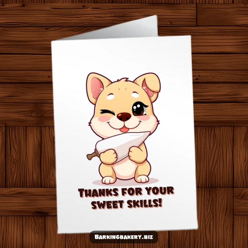Funny Free Printable Thank You Card: A dog winks cheekily while holding a piping bag, with a playful grin of thanks.