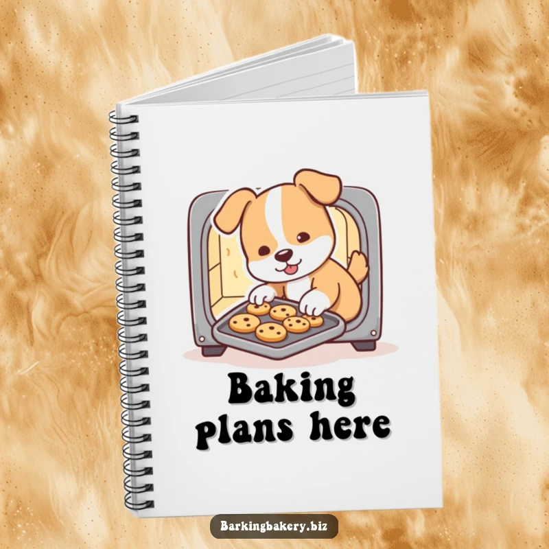 Funny dog notebook, a cute pup baker slides a tray of cookies from a tiny oven, perfect for jotting down notes with humor.