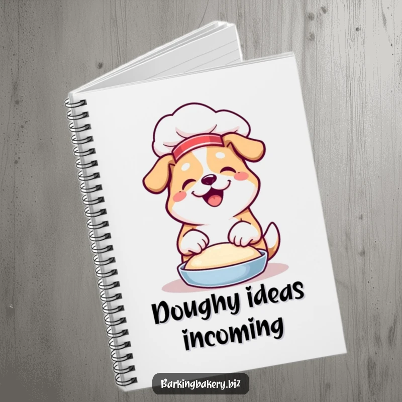 Funny notebook cover with a dog wearing a chef hat, joyfully kneading dough with its paws, a culinary artist.