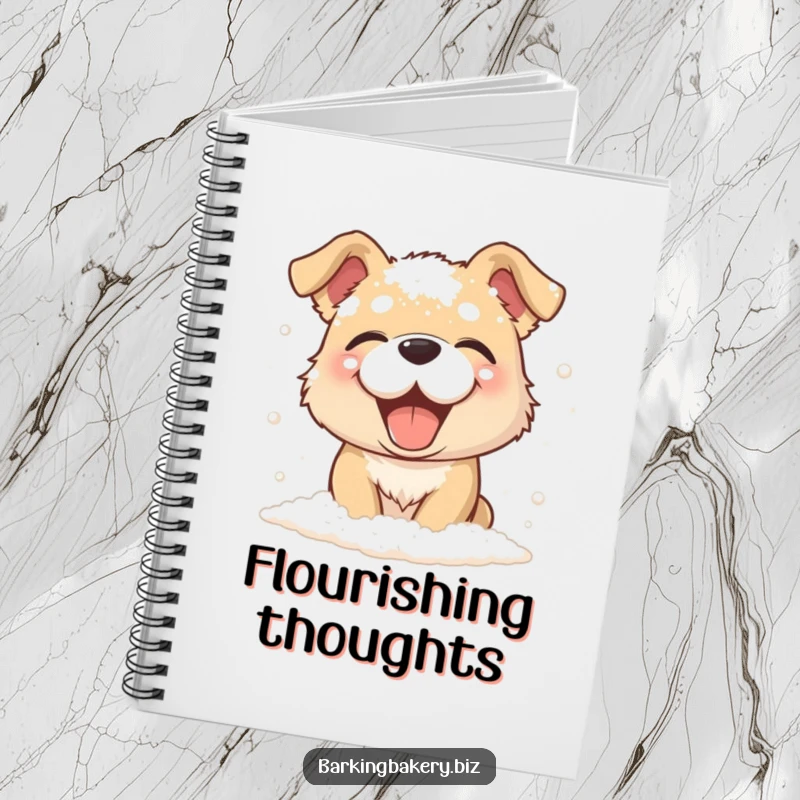Funny dog giggling, covered in flour, a notebook for writing, perfect funny gift for bakers.