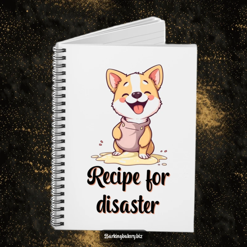 Funny notebook cover with a dog chef spilling batter and giggling, a humorous journal for notes and ideas.