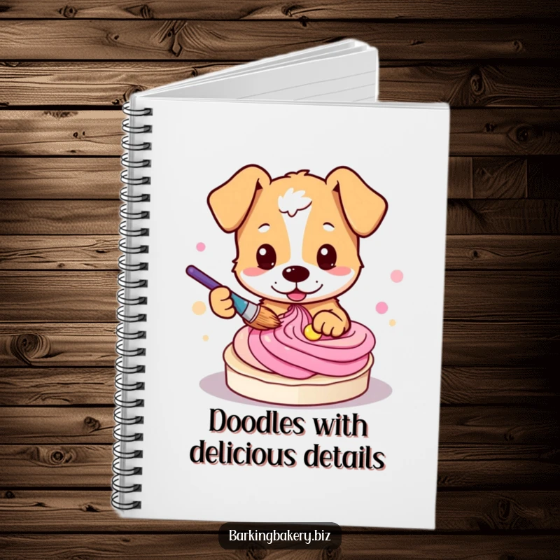 Funny dog notebook with a cute pup artistically painting colorful swirls into frosting.