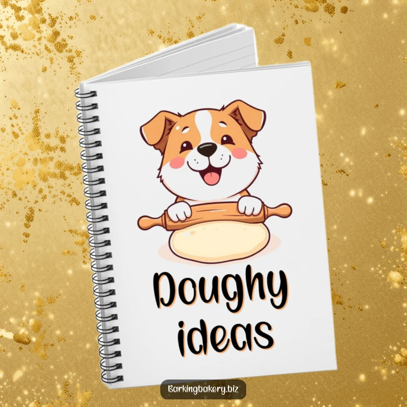 Funny Dog Baker Notebook: A happy dog uses a rolling pin on puffed dough, great for recipe writing.