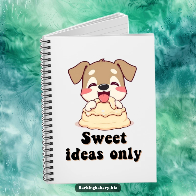 Funny Dog Notebook: A dog happily tasting cake batter with a wagging tail, perfect for notes. Humorous gift.