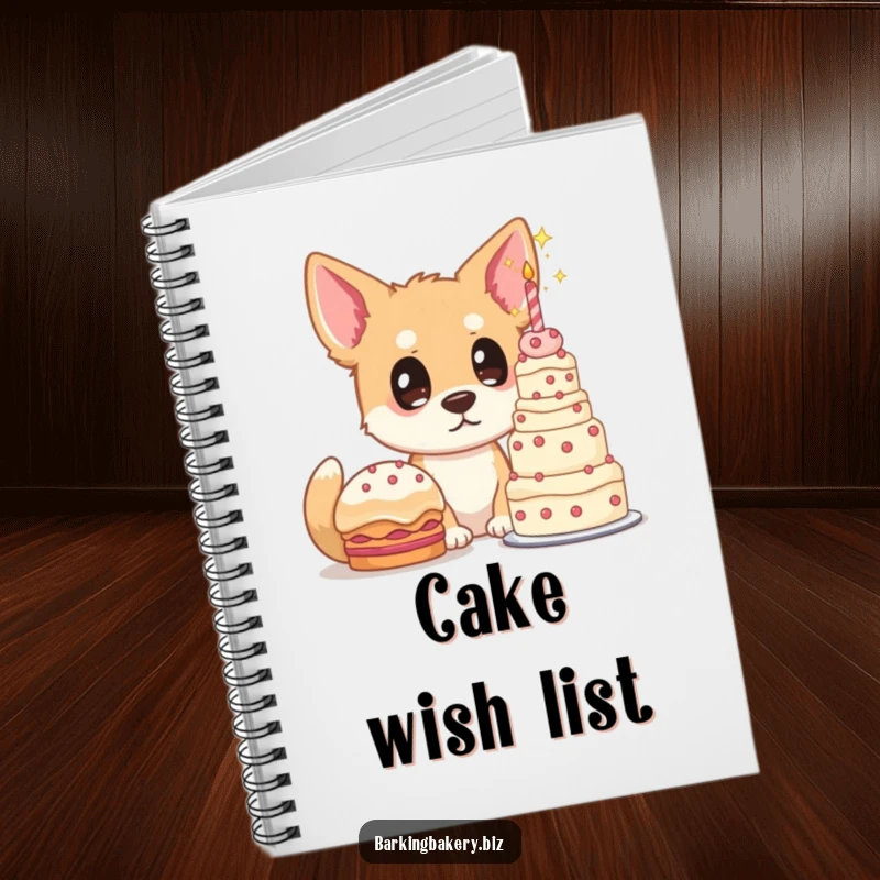 Funny dog notebook, a dog with starry eyes gazes at a towering cake, perfect for jotting down notes and sweet ideas.