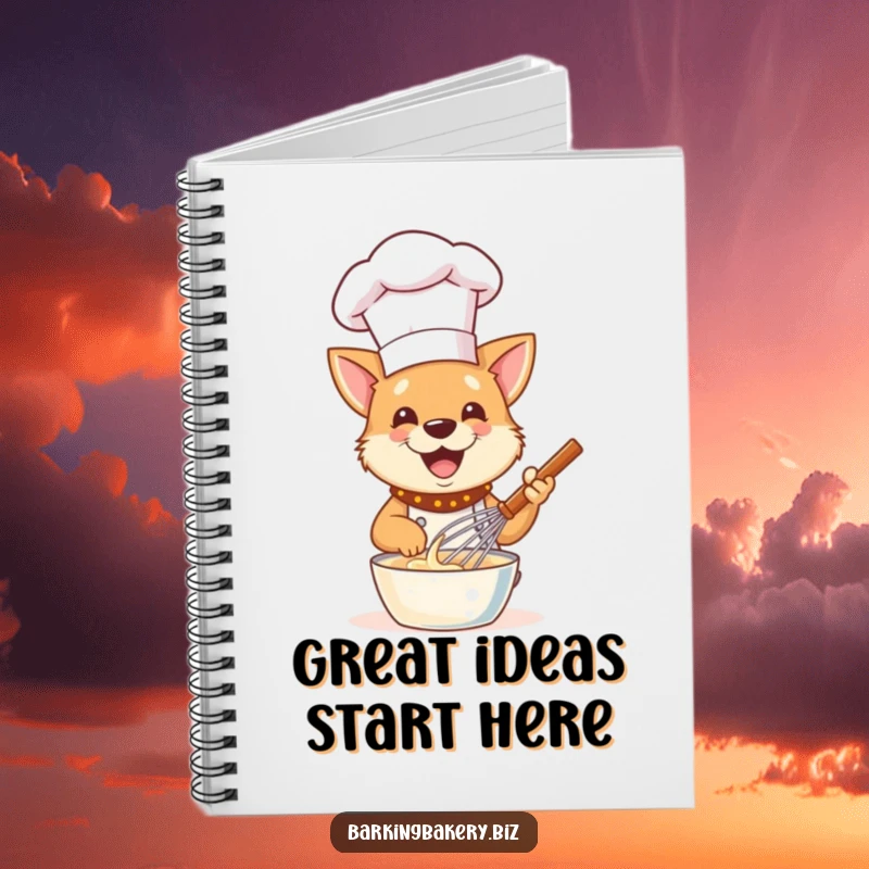 Funny Dog Chef Notebook: A cheerful dog chef gleefully whisks batter, perfect for jotting down recipes.