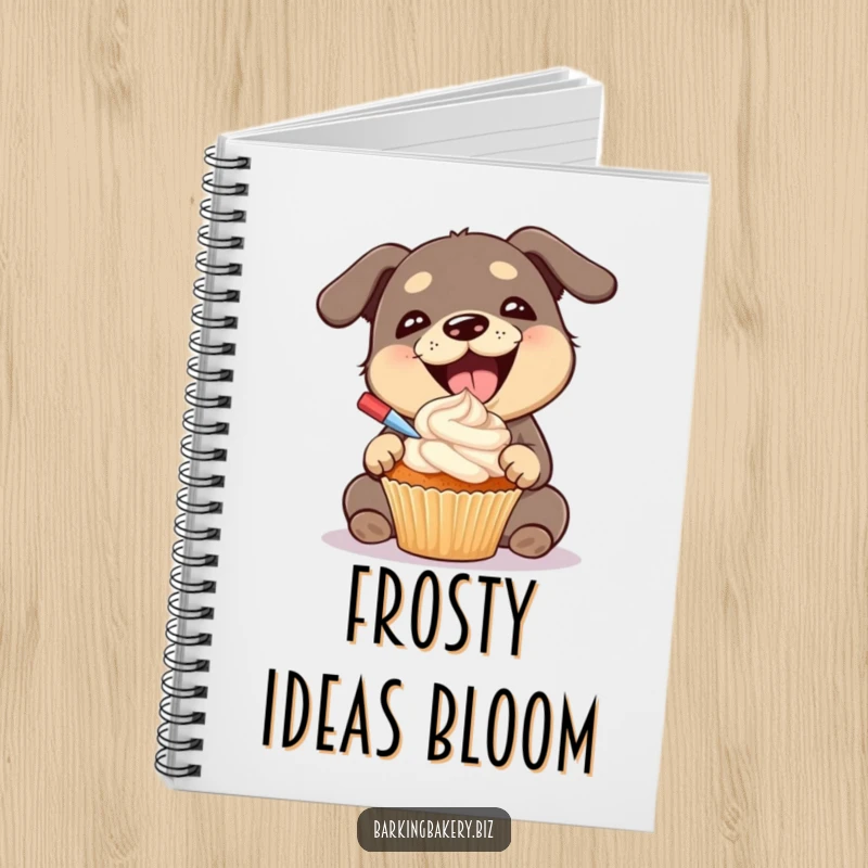 Funny dog notebook cover featuring a gleeful dog happily frosting a cupcake, perfect for recipe notes.