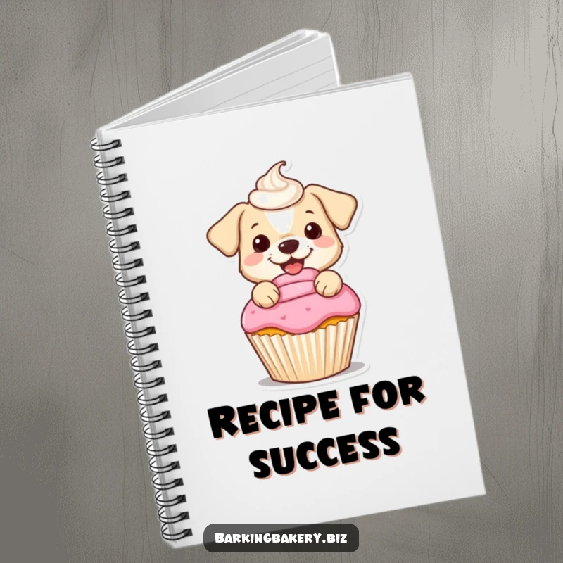 Funny notebook with a small dog cheerfully frosting a cupcake, perfect for jotting down sweet recipes and ideas.