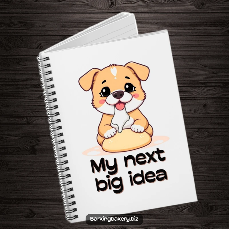 Funny dog notebook cover illustration of a small, happy dog covered in flour, busy kneading dough for creative inspiration.