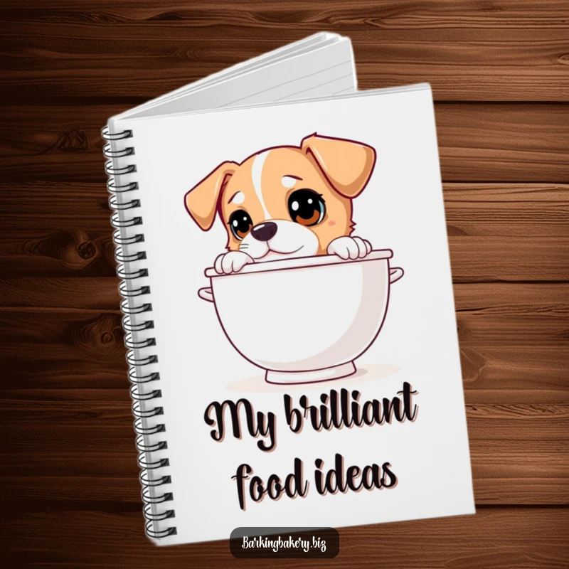 Funny dog peeking over a giant mixing bowl with curious eyes, inside a funny notebook for writing.