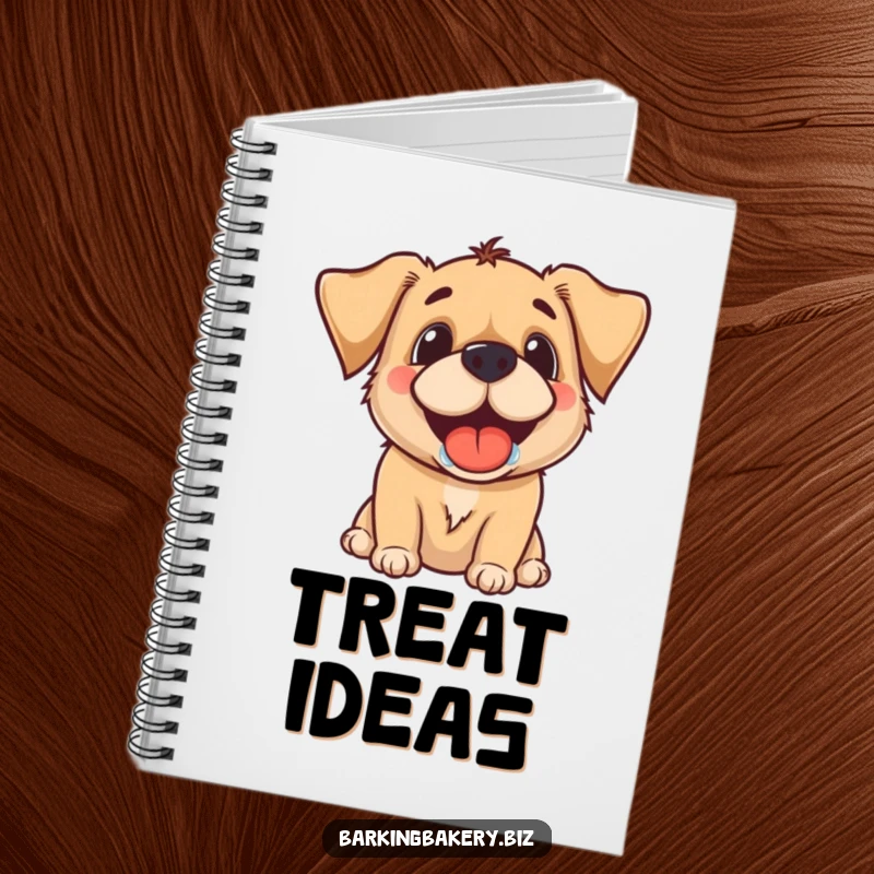 Funny notebook cover with a dog's drooling grin, anticipating a treat, perfect for jotting down ideas.
