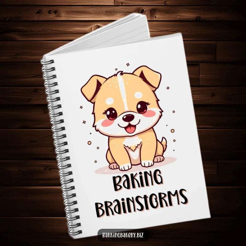 Funny notebook featuring a cheerful dog sprinkling flour, perfect for writing recipes and baking notes.
