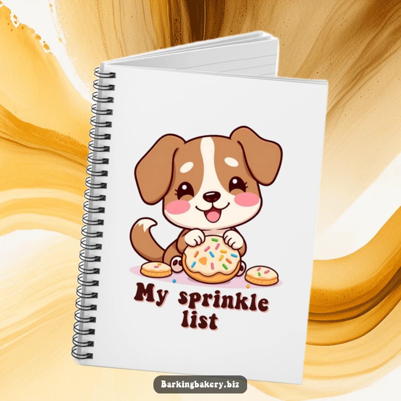 Funny notebook cover with a dog excitedly decorating a cookie with sprinkles, tail wagging joyfully.