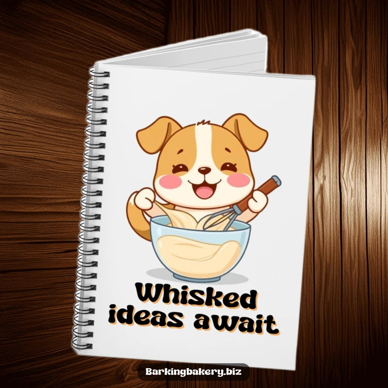 Funny dog whisking batter with a smile, a notebook for writing, perfect funny gift for bakers.