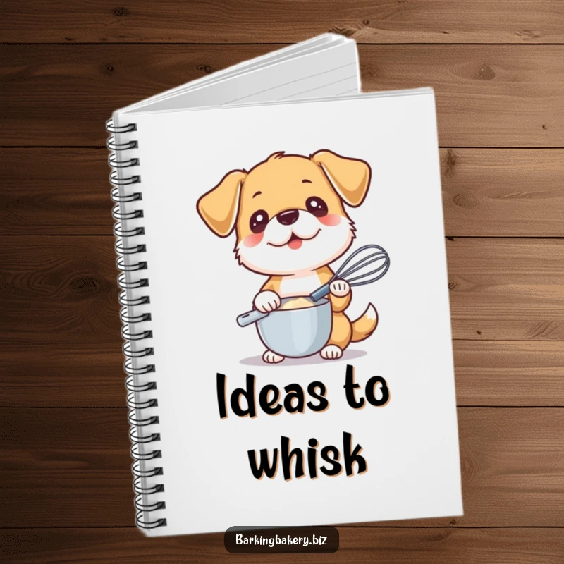 Funny notebook cover with a dog holding a whisk, ready to mix, perfect for capturing recipe ideas.