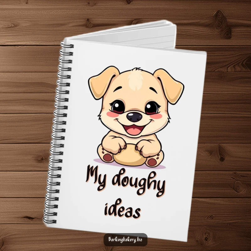 Funny happy puppy kneading dough with tiny paws, adding a humorous touch to a baking notebook.
