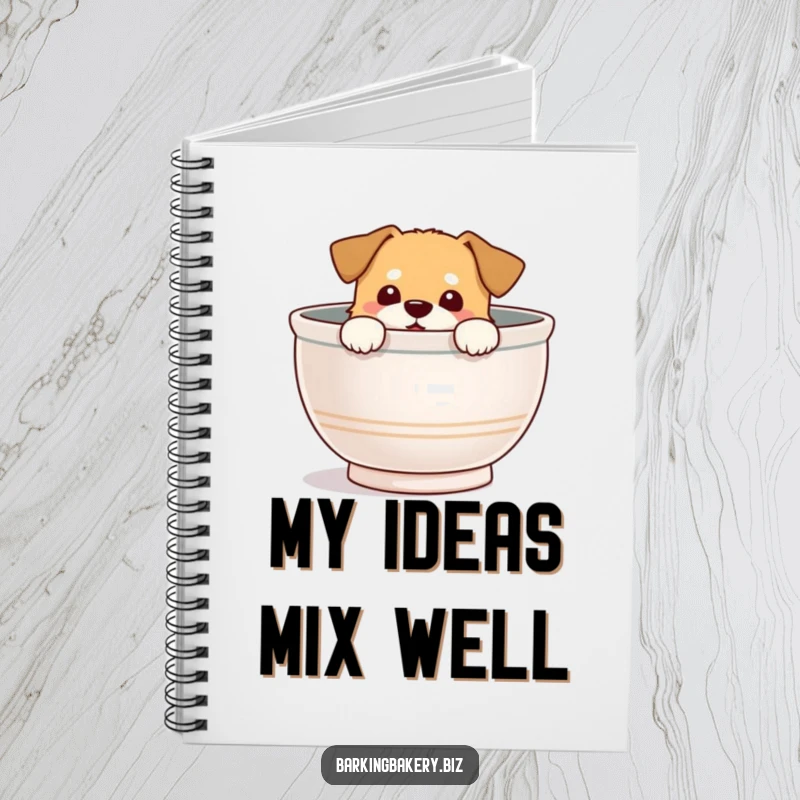 Funny Notebook: Dog peeks from a mixing bowl with a delighted expression, representing creative ideas and surprises.