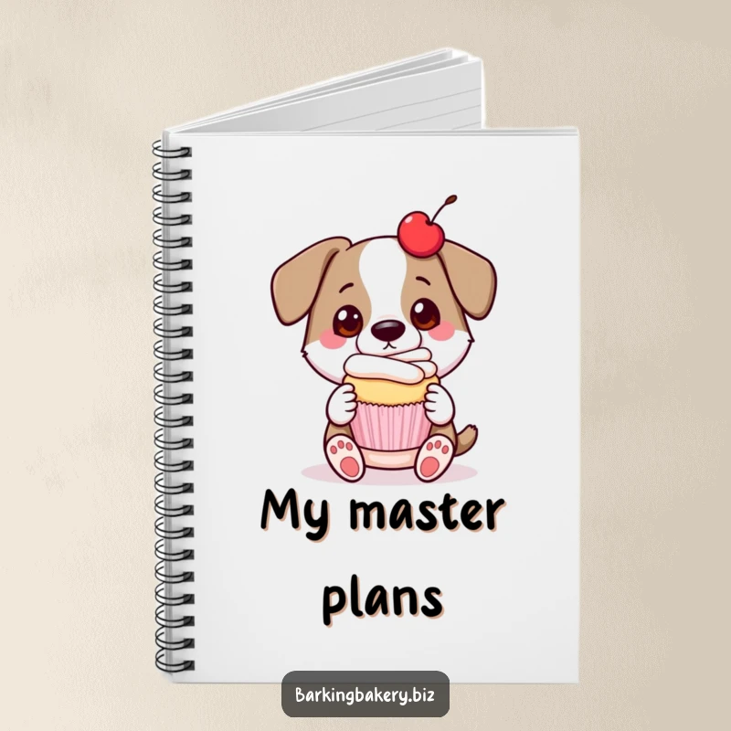 Funny dog notebook cover depicting a proud dog presenting a cupcake with a cherry on top, representing achievement.