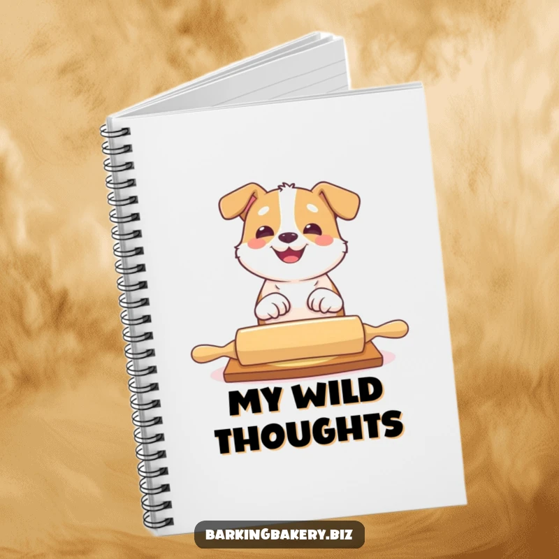 Funny dog notebook with a dog playfully batting at a rolling pin with a big grin, for recipe ideas.