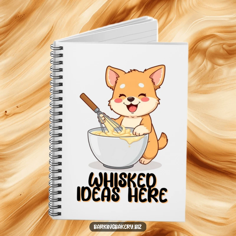 Funny dog notebook cover featuring an energetic dog holding a large whisk, mixing batter in a bowl, perfect for recipe notes.