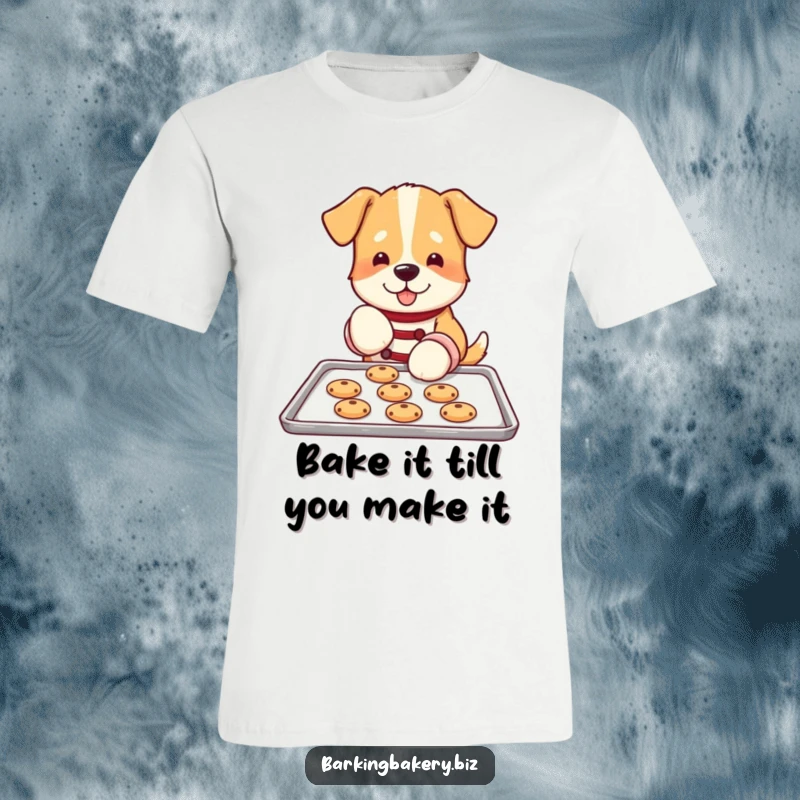 Funny dog t-shirt design of a dog wearing oven mitts, delicately placing cookies on a baking sheet, a true baking artist.