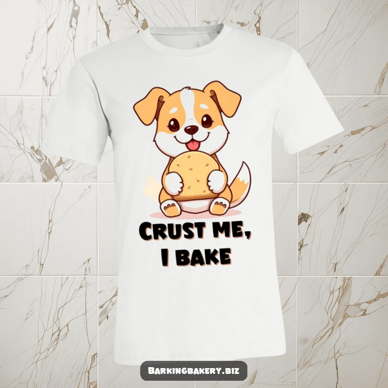 Funny t-shirt featuring a proud dog holding up a freshly baked loaf of bread, a tribute to bakers.
