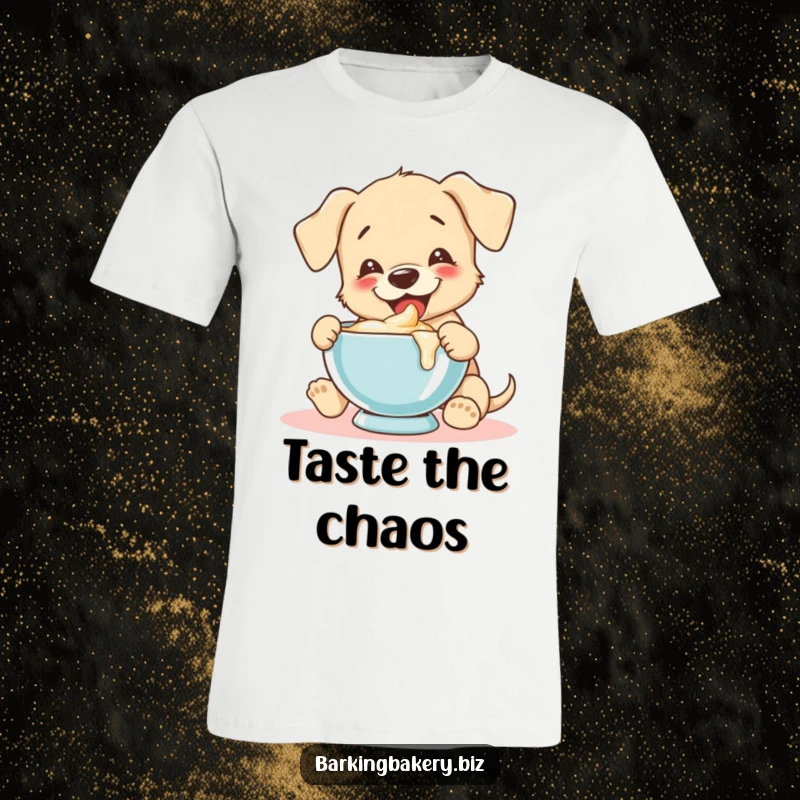 Funny puppy joyfully tastes batter from a mixing bowl on a funny t-shirt.