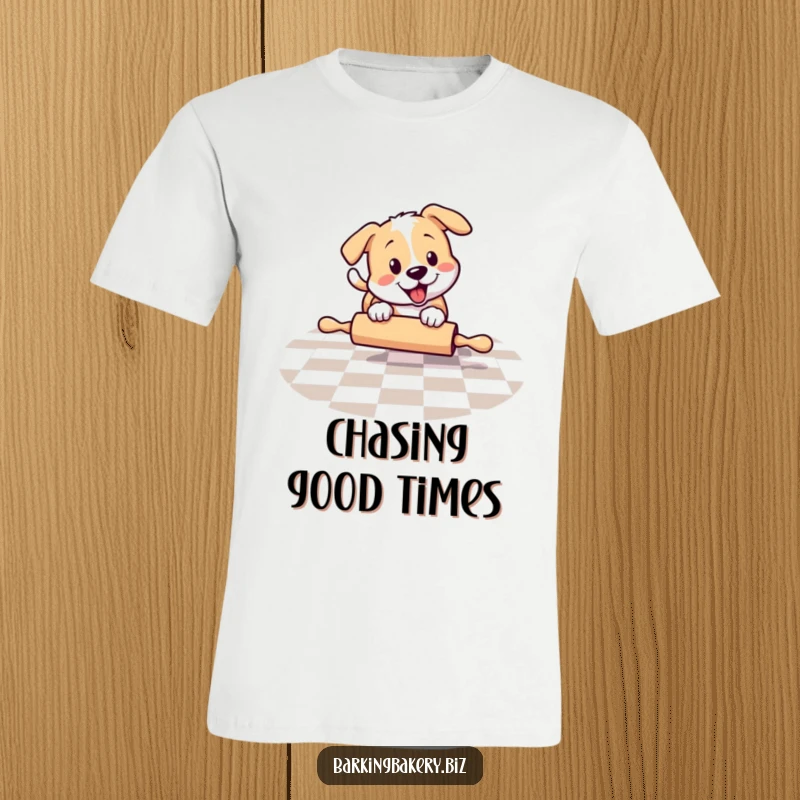 Funny dog chasing a rolling pin on a checkered floor, a humorous t-shirt for playful spirits, great funny gift.