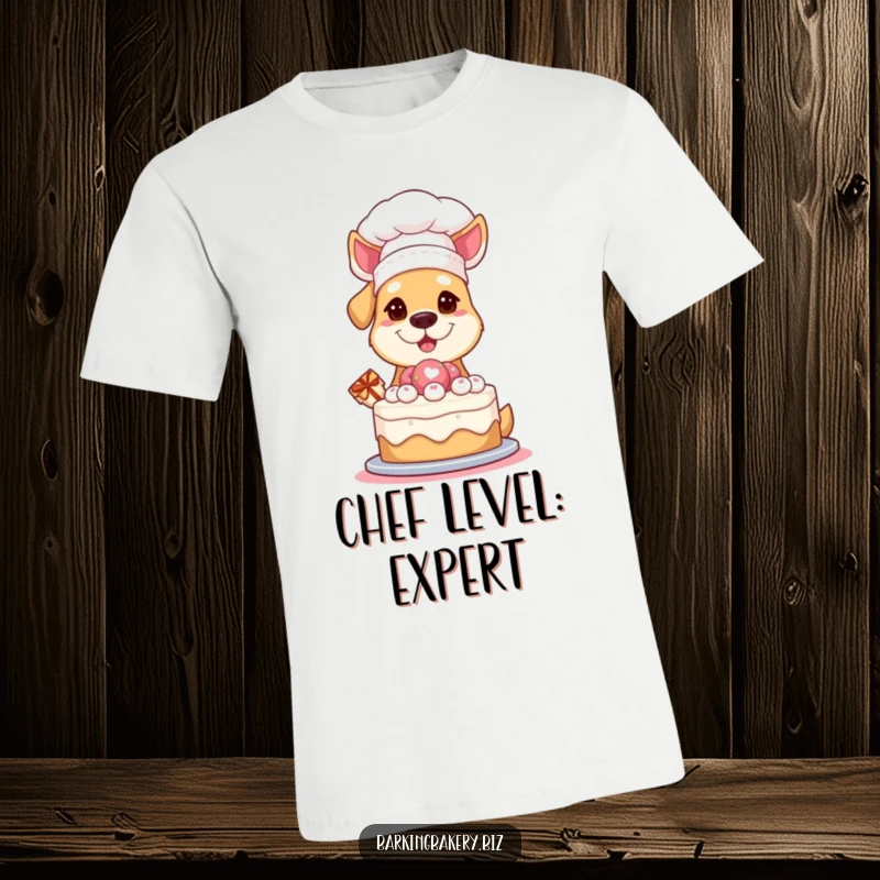 Funny T-Shirt: A dog in a chef hat proudly presents a freshly baked cake, showcasing culinary achievement and pure joy.
