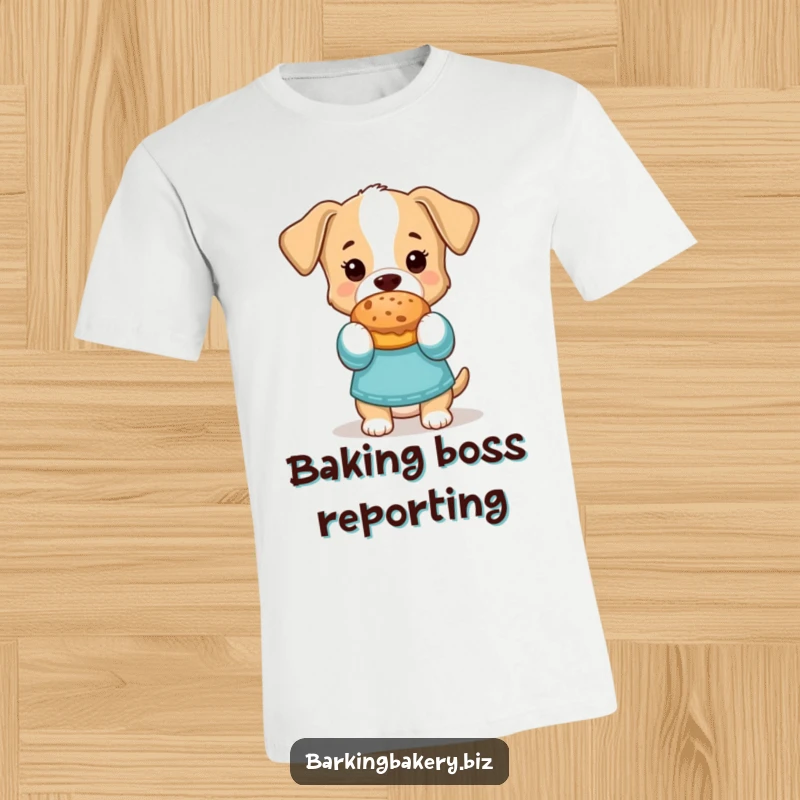 Funny T-Shirt: Dog in oven mitts proudly holds a golden-brown baked treat, ready to serve happiness.