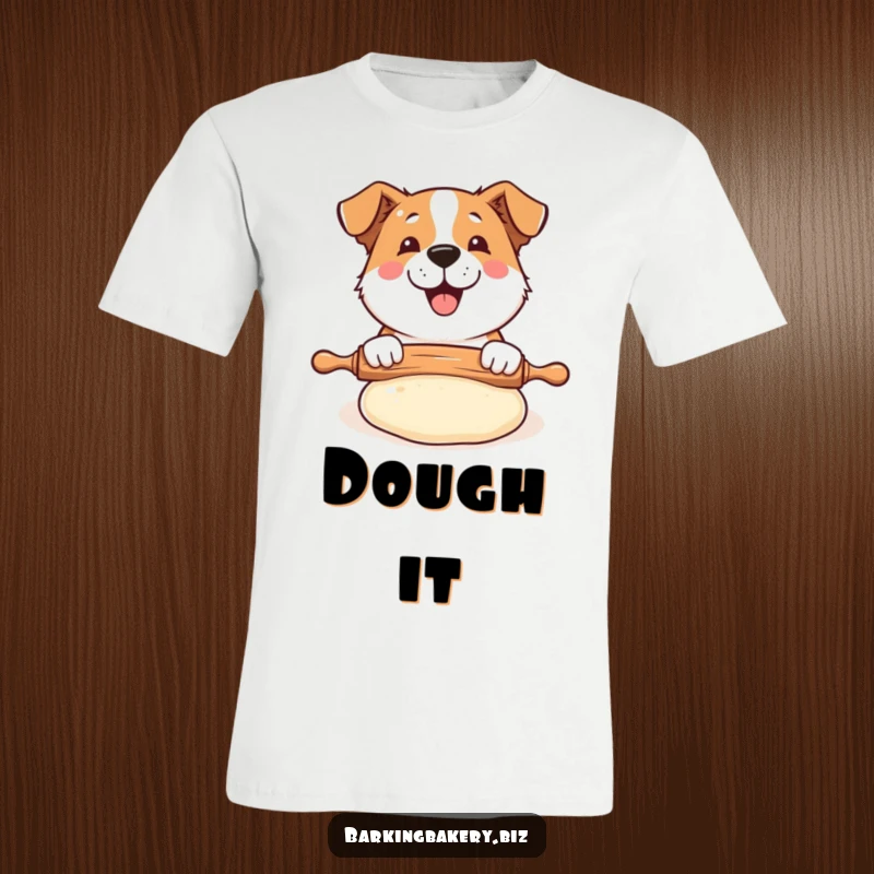 Funny Dog Baker T-Shirt: A happy dog gleefully uses a rolling pin on puffed dough, perfect for bakers.