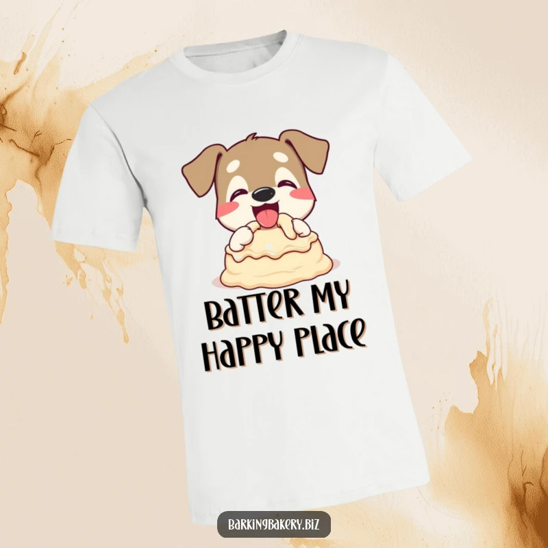 Funny Dog T-Shirt: A dog happily wagging its tail while tasting cake batter, pure joy. Gift idea.