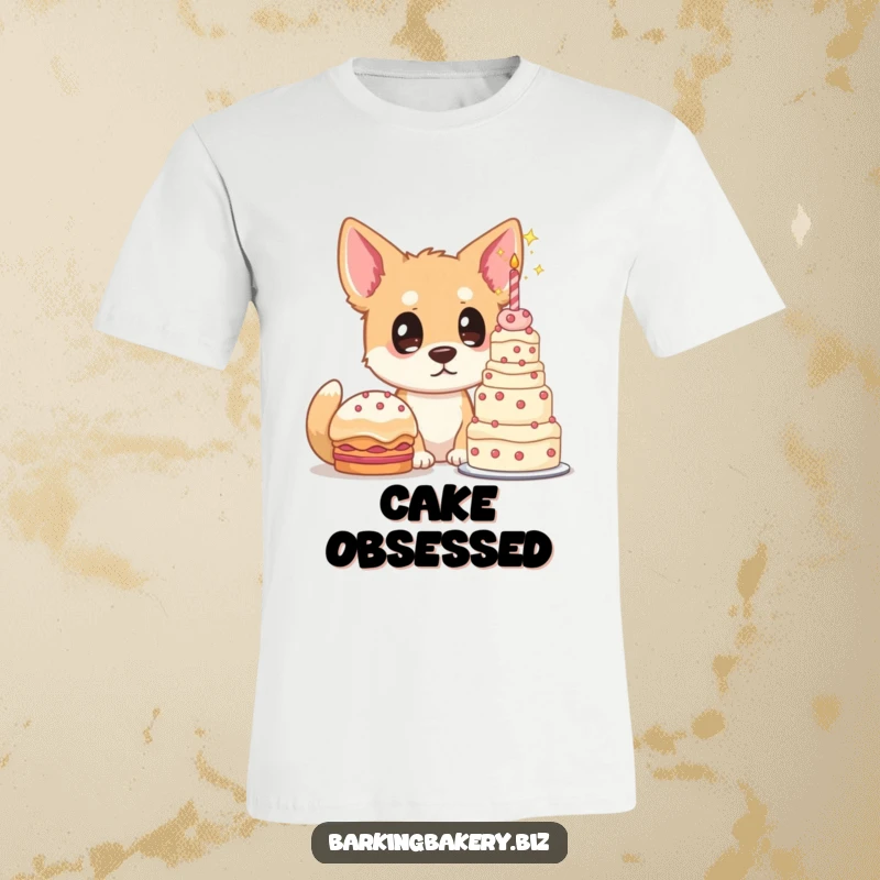 Funny dog t-shirt, a dog with wide, starry eyes stares in wonder at a very tall, impressive cake, a true cake admirer.