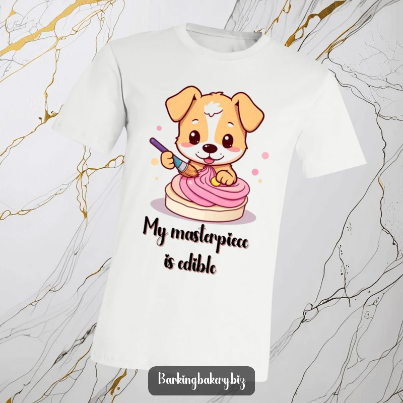 Funny dog t-shirt featuring an adorable pup artistically swirling colorful frosting with a paintbrush.