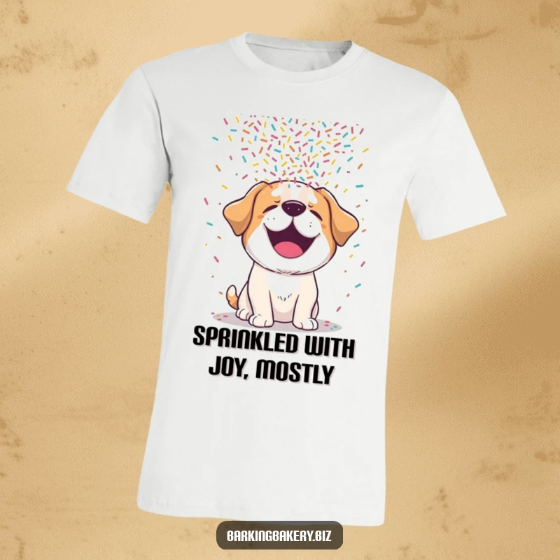 Funny dog t-shirt featuring a giggling pup delighted by a cascade of colorful sprinkles falling all over its happy face.