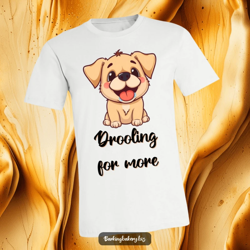 Funny t-shirt with a dog's joyful, drooling grin, eagerly anticipating a delicious treat, capturing pure excitement.