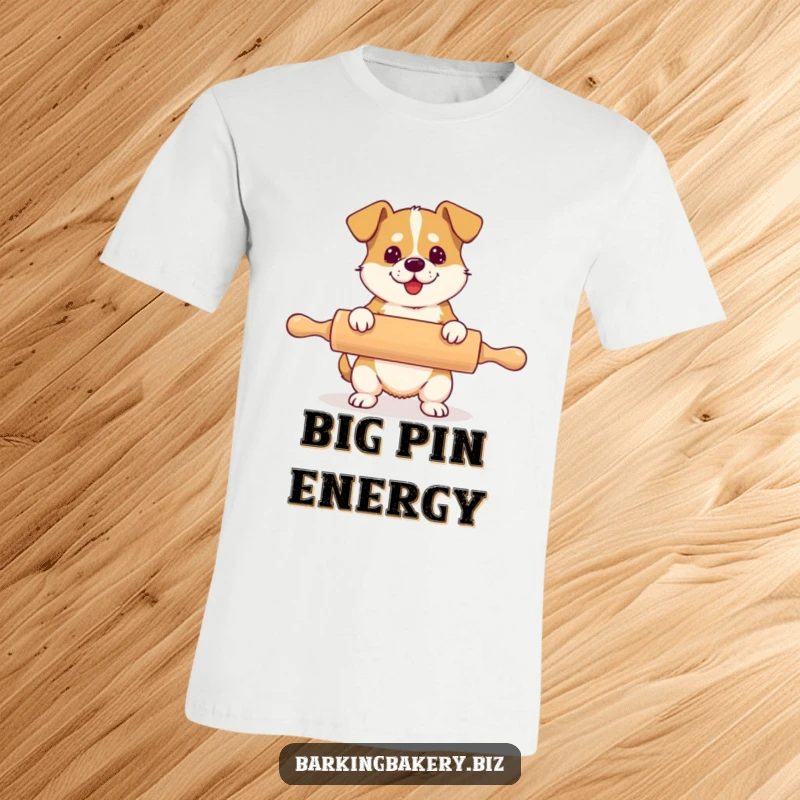 Funny t-shirt showcasing a dog struggling hilariously with a rolling pin far too large for its small frame.