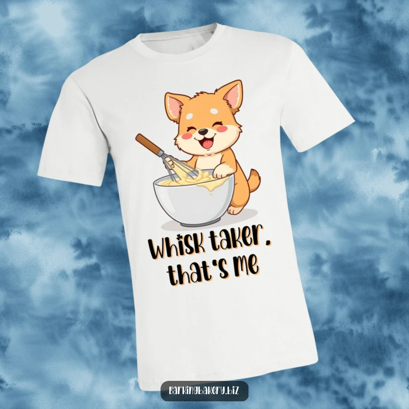 Funny dog t-shirt showing an energetic dog with a large whisk, enthusiastically mixing batter in a bowl, a baker's delight.