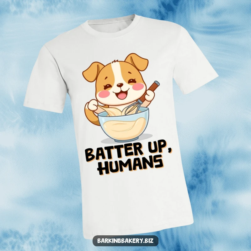 Funny dog happily whisking batter in a bowl, smiling widely, a humorous t-shirt for baking enthusiasts, great funny gift.