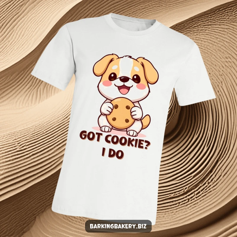 Funny Kawaii Dog T-Shirt: A smiling kawaii dog character proudly holds a perfectly shaped cookie, looking incredibly happy.